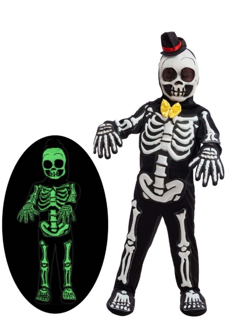 Kids Glow in the Dark Skeleton Costume Halloween Jumpsuit & Mask 5-7 Years